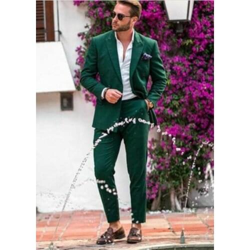2021 Summer Fashion Formal Green 2 Piece ( Coat+Pants) Peak Lapel Double-breasted Terno Masculino Groom Wedding Wear Tuxedos