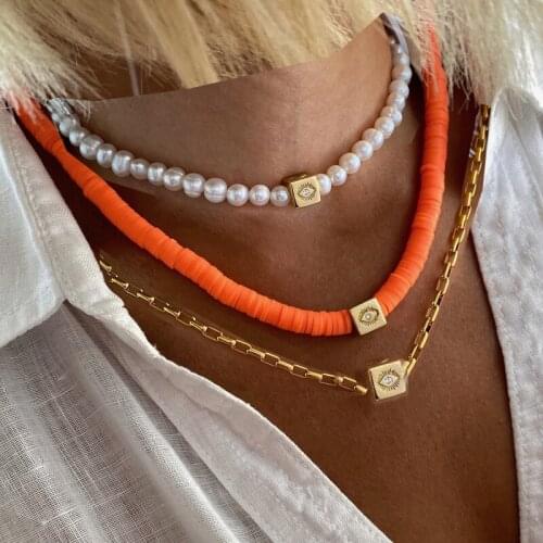 Accessorie punk handmade Tasarım Barok Kolye Elegant Natural freshwater pearl square evil eye beaded Chokers Necklaces for women