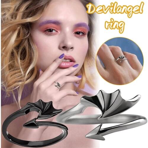 Gothic Devil and Angel Black White Paired Couple Rings Fashion Punk Evil Demon Vampire Opeing Finger Ring Friendship Bff Jewelry