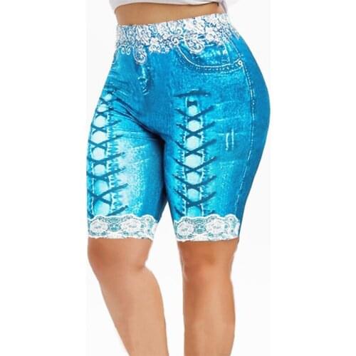 Plus Size Denim Shorts Women Lace Patchwork Bandage Print Bodycon Shorts Elastic Skinny Denim Shorts for Women Short Feminino