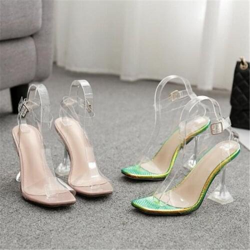 Women sandals PVC Buckle Strap 11cm Thin Heels High heels Square Toe Shallow Back Strap zapatos de mujer women shoes size 35-42