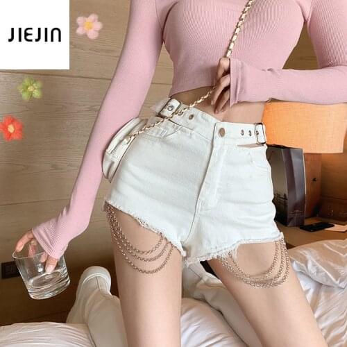 Sexy White High Waist Shorts for Women Gothic Punk Streetwear Chain Patchwork Hot Shorts Cross Ring Black Harajuku Denim Shorts