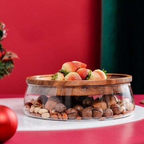 Glass Fruits Storage Box with Wooden Lid Container Double Layer Candy Storage Box Nuts and Dry Fruits Container Tray for Kitchen