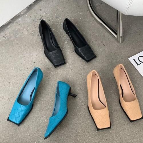 Fashion Newest Women Shoes 2021 Spring Thin Heels Pumps for Women Square Toe Weave Shallow Slip-On Sandals Office Lady Shoes