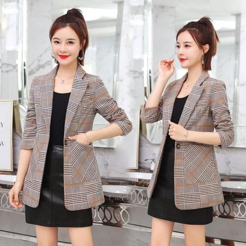 High quality Fashion Womens Plaid Blazers Slim Office Long Sleeve Elegant Coat Casual Lady Single Button Pocket Jackets Blazers