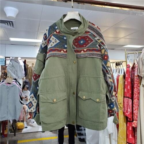 Army green Mid-length Korean Female Streetwear Coat Women Spring Vintage Embroidery Color Matching Loose Big pocket Black Jacket