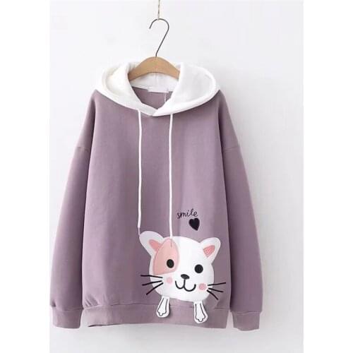 Merry Pretty Women Cartoon Cat Embroidery Drawstring Hooded Sweatshirts 2020 Autumn Winter Long Sleeve Thick Harajuku Hooides