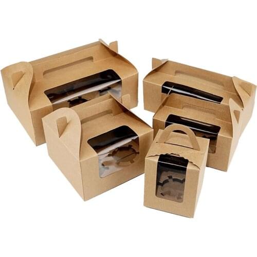 10Pcs 4 Sizes Kraft Cake Box With Handle Clear Window Cupcake Boxes Baking Muffin Bread Packaging Box Birthday Party Present Box