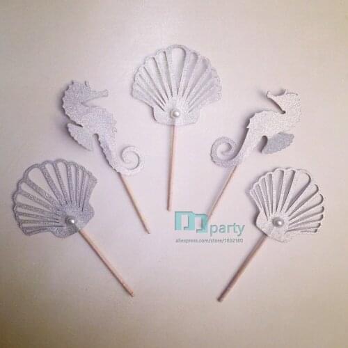 12 Seashell Pearl Clam, Seahorse Cupcake Topper Set cupcake toppers