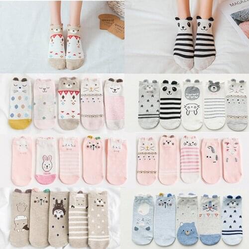 5 pairs of Harajuku style cute animal pattern cat socks Korean women style happy socks Kawaii invisible print ladies socks