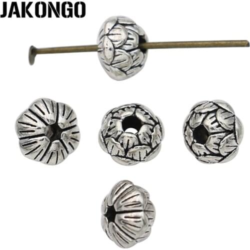 JAKONGO Antique Silver Plated Lotus Flower Spacer Beads for Jewelry Making Bracelet Loose Beads DIY Handmade Accessories 30pcs