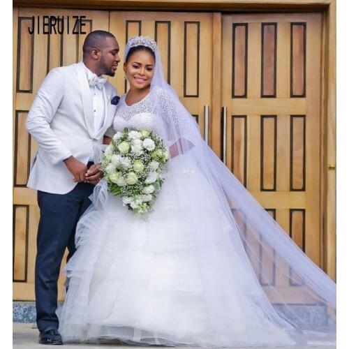 JIERUIZE Elegant African Organza Wedding Dresses Scoop Neck Half Sleeves Tiered A Line Lace Bridal Gowns vestido de noiva