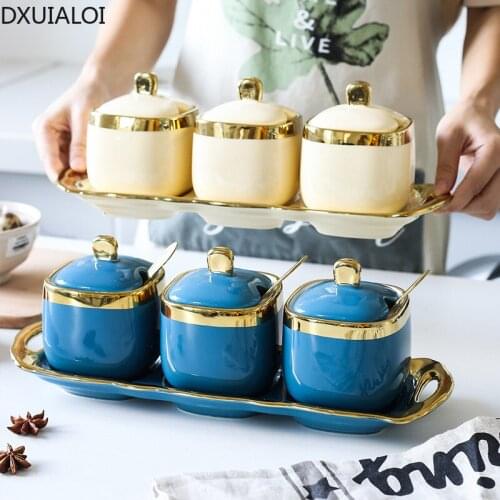 DXUIALOI European-style Phnom Penh ceramic seasoning jar three-piece household condiment bottle salt sugar bowl condiment box