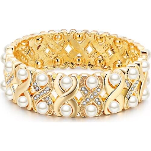 ORNAPEADIA 2021 New Hot Sale Alloy Exquisite Retro Double Row Pearl Bracelet for Women Baroque Style Jewelry Cuff Bangles