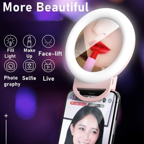 Universal LED Selfie Ring Fill Light Clip Dimmable Led Ring Lamp Photography With Mirror For Beauty Makeup Video Live Aro De Luz