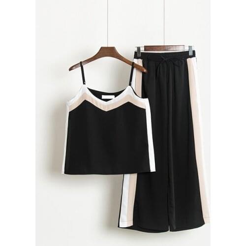 2017 Women Camisole Shirts+Pants 2PCS Sets Summer High Waist Woman Chiffon Straps Tops Wide Leg Pant Suits