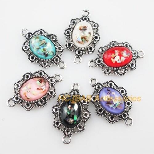 12 New Shivering Resin Connectors Oval Flower Mixed Charms Tibetan Silver 18.5x29mm