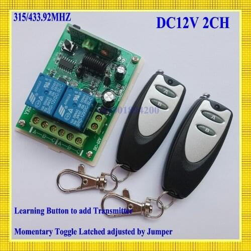 DC12V 2CH Remote Control Switch Automatic Door Operators Receiver 2 Transmitter Learning code Momentary Toggle Latched 315MHZ