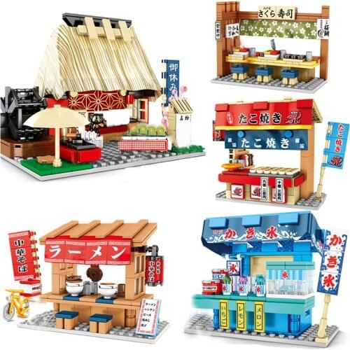 2021 City Creator Mini Street View Barbecue Shop Sushi Shop Shaved Ice Shop Ramen Museum Building Blocks Bricks Kids Toys Gift