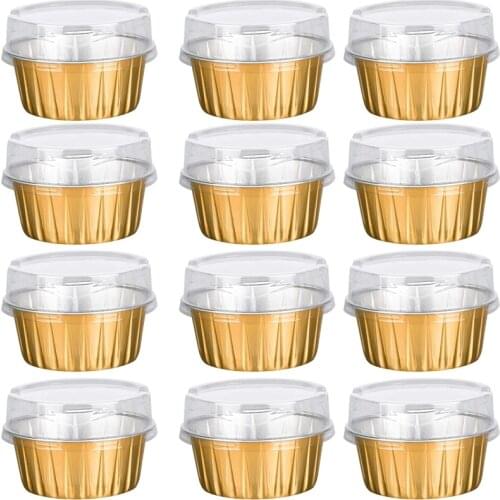 Dessert Cups with Lids, Gold Aluminum Foil Baking Cups Holders, Cupcake Bake Utility Ramekin Clear Pudding Cups