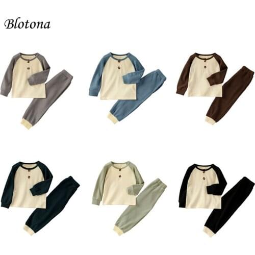 Blotona Children Casual Contrast Color 2Pcs Clothes Set, Spring Fall Long Sleeve O-neck T-shirt + Elastic Waist Trousers, 1-6Y