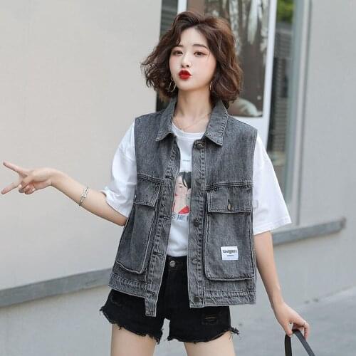 Jeans waistcoat womens autumn 2021 new tooling Korean loose wear short sleeveless vest Vest Jacket Womens clothing 5XL