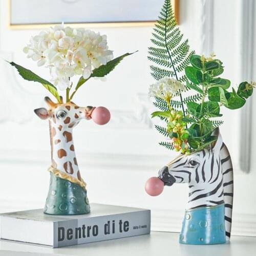 Creative Flower Vases Home Decoration Accessory Animal Statue Vase Desktop Ornaments Office Modern Living Room Resin Flower Pot