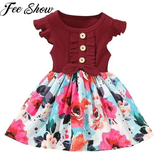 Summer Infant Baby Girls Short Sleeve Bow Ruffled Vintage Floral Cotton Patchwork Dress Princess Birthday Party Clothing