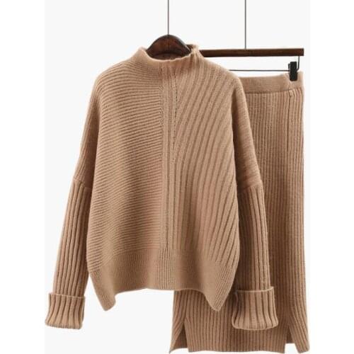 Fashionable temperament han edition 2019 autumn winters grey pink sweater + high waist irregular skirt suit