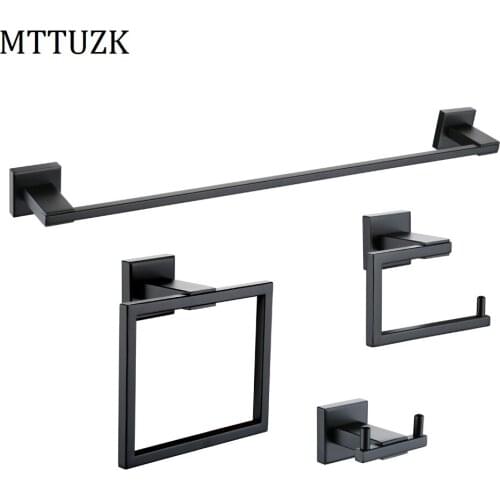 MTTUZK 304 Stainless Steel Bathroom Accessories Set Towel Bar Robe Hook Towel Ring Paper Holder Matt Black Bath Hardware Sets