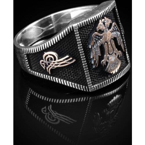 Double Birds Men Ring Square Silver Ring Great Seljuk Empire Ring Animal Men Accessory Ototoman Tughra Motif