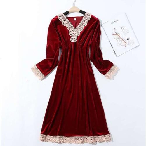 V-Neck Velour Nightgown Autumn Lace Collar Nightdress Cute Sweet Womens Sleepwear Casual Nighty Dress Intimate Home Wear