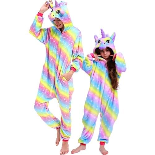 Boys Girls Stitch Unicorn Pajamas Onesies Kids Anime Panda Pijama Women Winter Soft Warm Nightie Unicornio Sleepwear Overalls