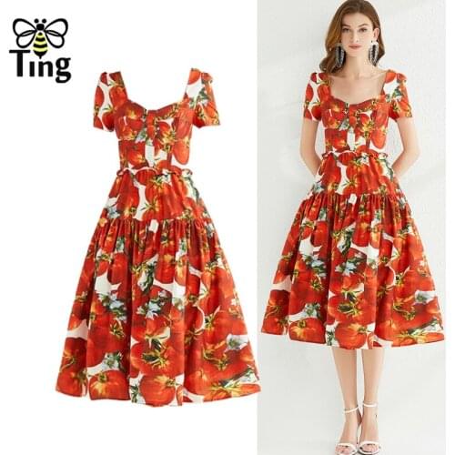 Tingfly Vintage Elegant Square Collar Tomato Fruit Print Red A Line Dress 90S Party Dresses Summer Princess Aesthetic Clothes