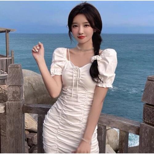 Retro Square Collar Casual Dress Summer Puff Short-Sleeve Pleated Hip Slim Tight Beach Dress Solid 2021 New