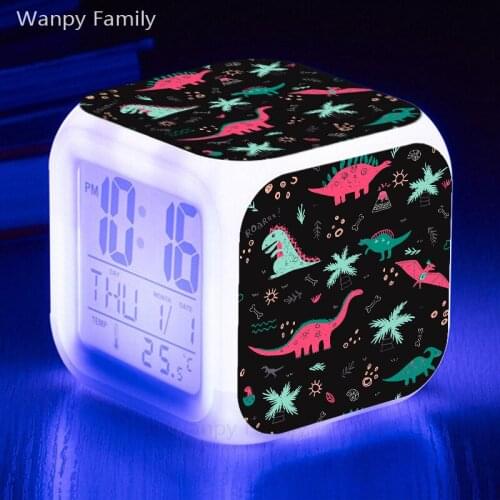 Cute Cartoon Dinosaur Alarm Clock 7 Color Glowing LED Digital Alarm Clock Kids Birthday Gift Multifunction Touch Sensing Clock
