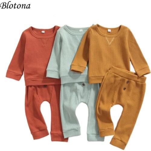 Blotona Baby Boy Girl Tops, Buttons Pants Suit, Round Neck Long Sleeve Solid Color Loose Pullover T-Shirt+ Trousers, 6-24Months
