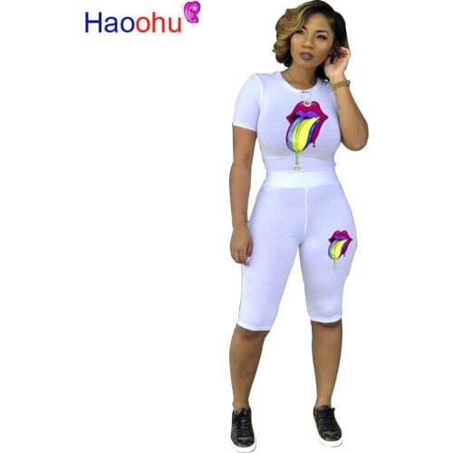 HAOOHU Lip Print Streetwear Two Piece Set Womens Outfits Tops And Biker Shorts Suit Summer 2 Pieces Tracksuit Matching Sets