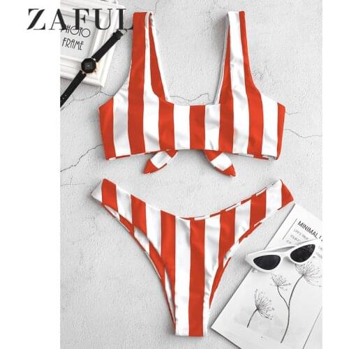 ZAFUL Knot Striped Bikini Set Women Summer Beach Swimwear 2 Pieces Bathing Suit Sexy Thong Biquinis Feminino Swimsuit 2021 New