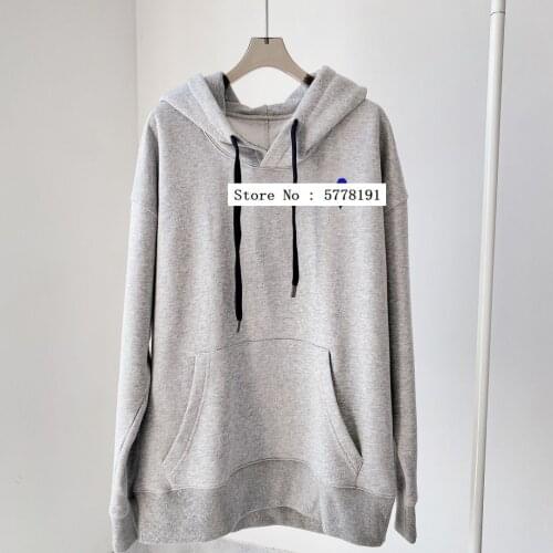 Women casual gray Sweatshirt Hooded front image Print Drop Shoulder Fashion Loose Pullovers Long Sleeves Front Pocket