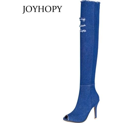 New Demin Peep Toe Over The Knee Boots Women Sexy Nightclub Stretch Fabric Thin Legs Thigh High Sandals High Heels Shoes WB1391