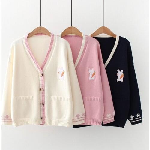 Cartoon Rabbit Pattern Women Autumn Winter Solid Color V Neck Cardigan Sweater Coat Female Long Sleeve Outwear Loose Knitted Top