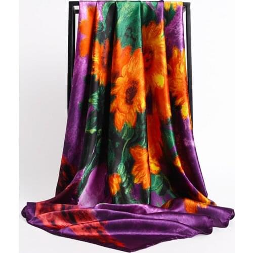 2021 Fashion Kerchief Silk Satin Neck Scarf For Women Print Hijab Scarfs Female 90X90CM Square Shawls And Wraps Scarves For Lady