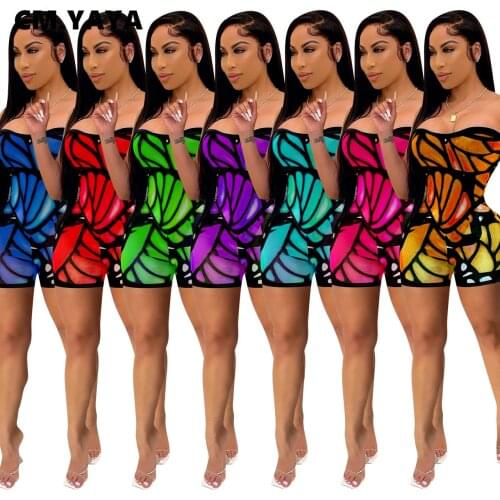 CM.YAYA Women Active Strapless Butterfly Playsuit Bodycon Romper Skinny Short Jumpsuit One Piece Sport Overall Fitness Outfit