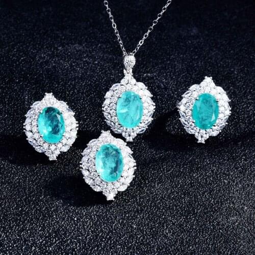 925 Sterling Silver Oval Shape Paraiba Tourmaline Gemstone Jewelry Set Vintage Ring Earring Necklace Womens Fine Jewelry Sets