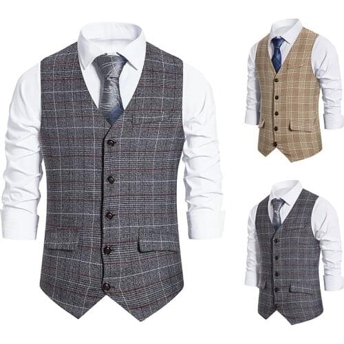 Suit Vest Men Jacket Sleeveless Plaid Vest Fashion Autumn winter Plus Size Business Casual Waistcoat