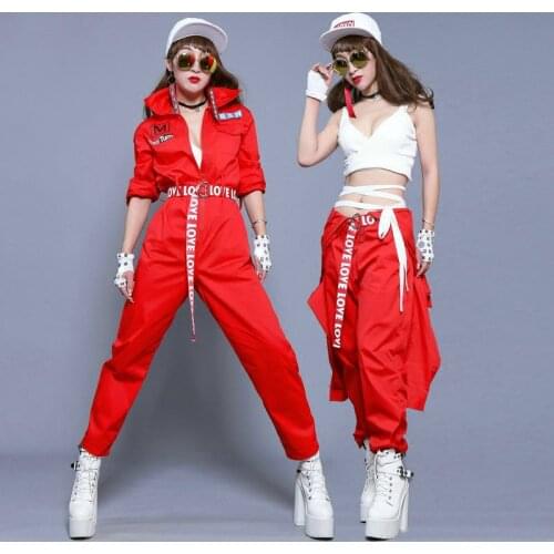 #0110 Stage Costumes For Singers Women Dance Night Club Costume Hip Hop Overalls Unisex With Belt Red Jumpsuit Long Sleeve Loose