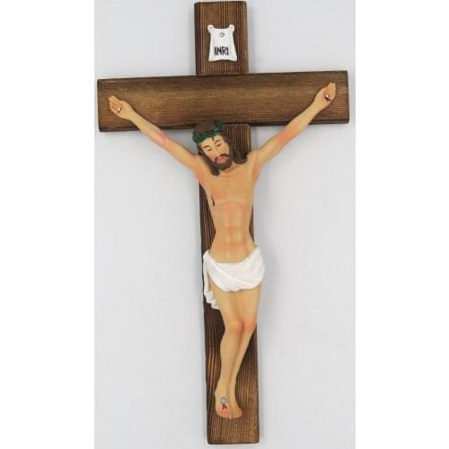 11.8 Inch Catholic Resin Jesus Christ on INRI Carbonized Wood Cross Wall Crucifix Home Chapel Decoration Hand drawing Sculpture
