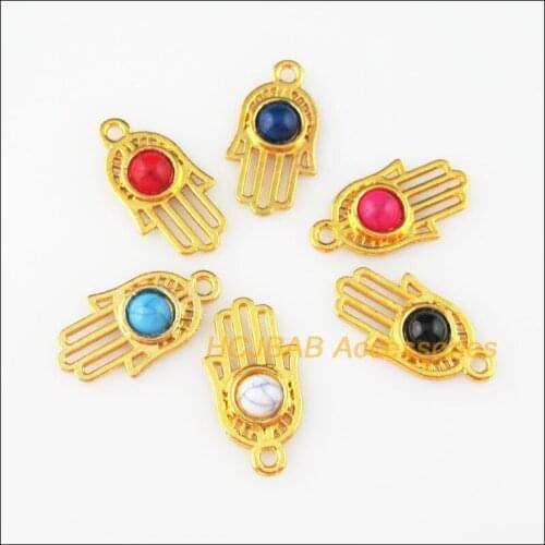 24 New Mixed Acrylic Charms Gold Color Round Hand Palm Pendants 11x21mm