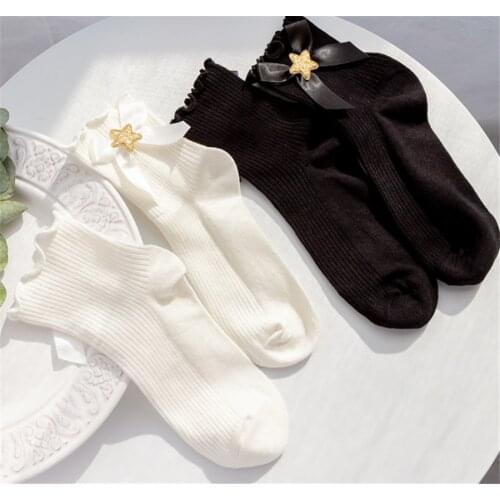 White Autumn Winter Japanese Lolita Socks Star Lace Bowknot Stockings Sock D497